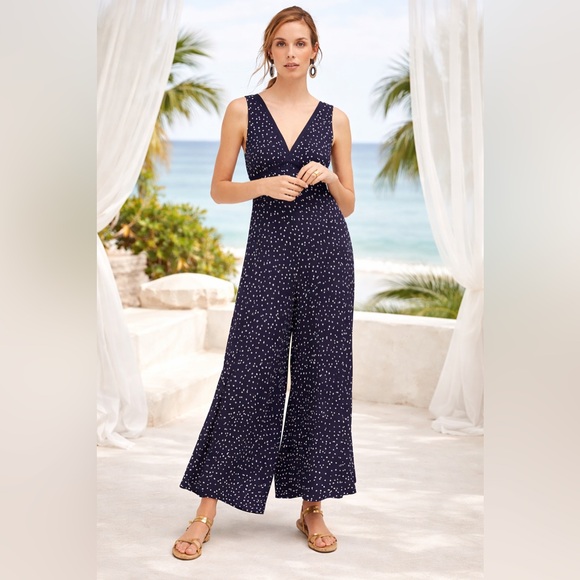 HD in Paris Pants - Anthro Tallulah Wide Leg Jumpsuit Navy Polka Dot V Neck Flowy Resort 4 Coastal